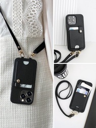 1入組黑色皮革手機殼帶卡片夾和肩帶相容 iPhone15/15Plus/15Pro/15Promax