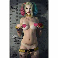 โปสเตอร์ผ้าไหมอนิเมะอาร์ตรูปหญิงสาวในชุดผ้าใบวาดภาพ Harley Quinn Suicide ใหม่