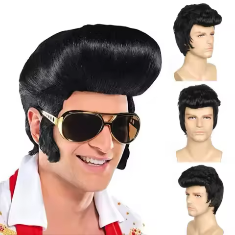 Elvis Cosplay Wig Glasses Props 50s Rock Legend Rock Star Singer Elvis Black Hair Men Costume Wigs f