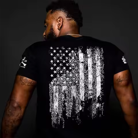 Retro USA Flag Pattern Men's T-shirt European American Grunt Style Unisex Short Sleeve Trendy Street