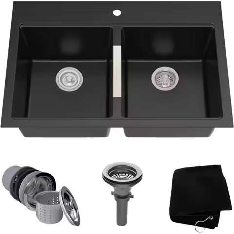 33-inch Drop-In/Undermount 50/50 Double Bowl Granite Kitchen Sink in Black Onyx