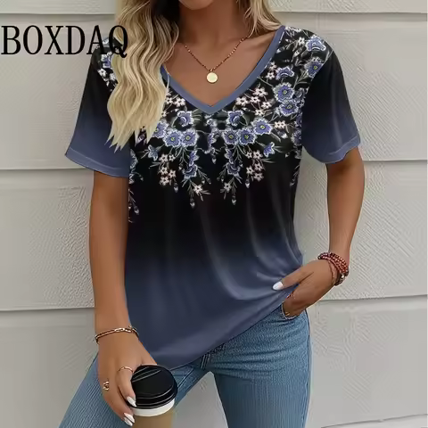 Summer Casual Loose Short Sleeve T Shirt Vintage V-Neck Flowers Printed Women's Tee Tops Plus Size L