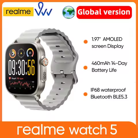 realme watch 5 1.97" 600nits AMOLED 300+ Themes Support GPS GNSS IP68 waterproof 460mAh 14-Day Batte