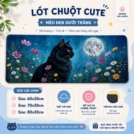 Cute Mouse Pad Black Cat Under the Moon Chrysanthemum, Deskmat Mouse Pad Rubber Base 60x30 70x30 80x