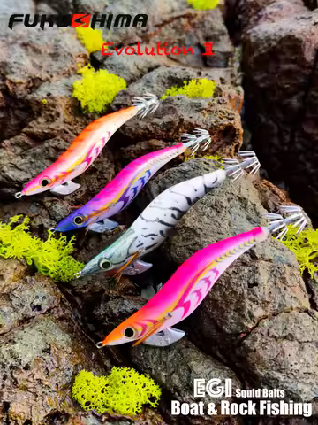 FUKUSHIMAZEECK3.5 SQUID JIG EVOLUTION EGI LURE FISHING WOOD SHRIMP BAIT FLASH BODY EYES & TAIL GLOW 
