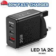 2C+U LED 30W Quick Charge Phone Charger 3.0 USB PD Type C || UK Plug 3 Pin Adapter || Universal Trav