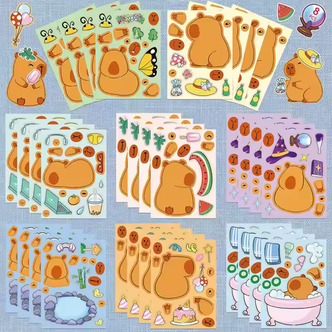 8/16Sheets Cartoon Capybara DIY Make A Face Stickers Puzzle Toys for Kids Birthday Party Favors Pina