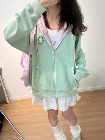 Original Four Leaf Clover Embroidery Cute Soft Girl Light Green Hoodie Women's Home Sweet Style Vers