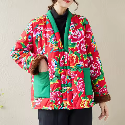 Northeast China Print Flower Cotton-Padded Jacket Japanese Kimono Cardigan Winter Thickened Coat Hao