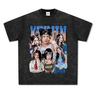 NMIXX Haewon Kyujin Lily Retro American Style Front Shoulder t-Shirt Hip Hop Washed oversize Short S