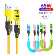 4 in 1 65W Spring Short Data Cable 6A USB Type C Spring Telescopic Quick Charger Wire Spring USB Cab