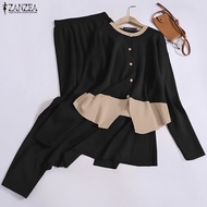 ZANZEA ชุดเสื้อยืดคอกลมเสื้อแขนยาวสตรีผู้หญิงกระโปรงยาวเสื้อสีคมชัดกระดุมสองชิ้นสง่างาม #0915