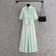 Hanfu Women's Two-Piece Suit - Three-Quarter Sleeve Cheongsam with Pants