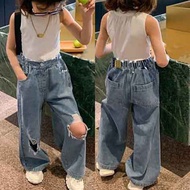 Pambata fashion ripped jeans girls high waist wide leg pants pantalon ng mga bata 3-8 taong gulang d