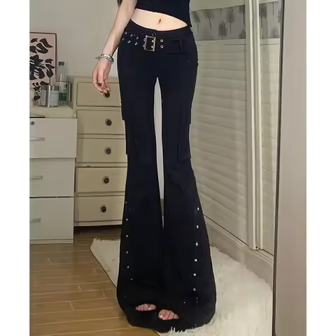 2026 New Lady Chic Designer Rivet Flared Jeans Lady Fashion Slim Low Waist Trousers Girls Retro Blac