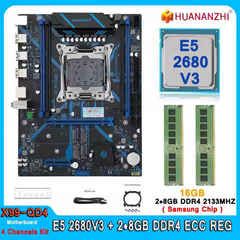 Huananzhi X99 QD4 Motherboard LGA 2011 Set with E5 2680 V3 CPU 16GB(2*8GB) DDR4 Xeon X99 Combo Kit Q