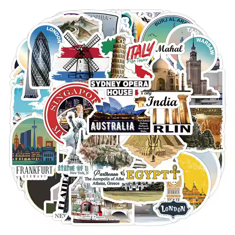 10/56Pcs Retro World Famous Building Architecture Stickers Travel Landmark Decals DIY Stationary Not