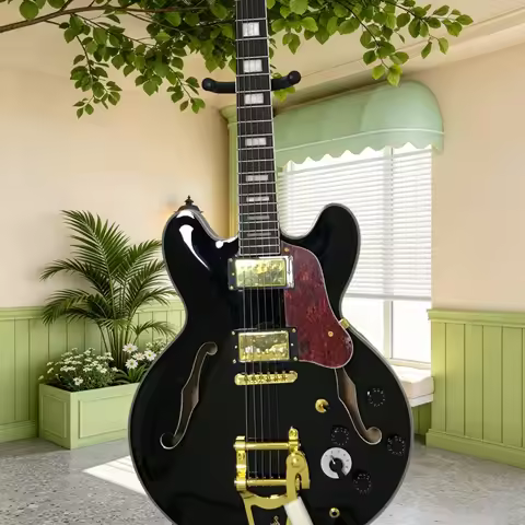 ES335 Semi Hollow Electric Guitar Maple Body Rosewood Fretboard Dual Gold Pickups Big Tremolo Black 