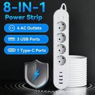 4 AC Outlets, 3 USB Ports, 1 Type-C Port Power Strip With Surge Protector, 5ft/10ft/15ft Extension C