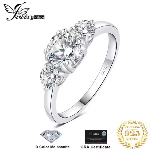 JewelryPalace Moissanite D Color 1.4ct 925 Sterling Silver 3 Stone Wedding Engagement Ring for Woman