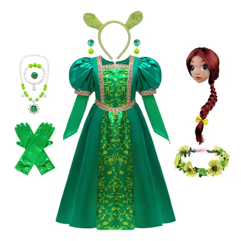 Girls Fiona Princess Costume Dress Kids Green Fairy Tale Role Play Outfit With Hair Crown Wig Neckla