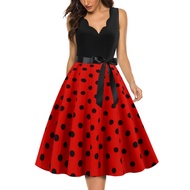 Women Midi Dress Lace Up Tight High Waist Sleeveless Dress A-line Loose Hem Retro 50s 60s Lady Prom 