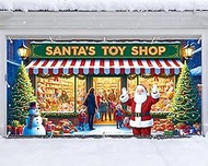 Santa's Workshop Garage Door Cover - 7x16 ft Christmas Holiday Decor with 4x6 m Ribbon Strings | Pol