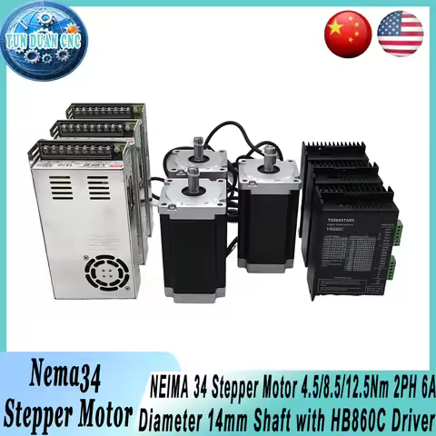 Nema34 Stepper Motor Kit 4.5-12Nm | HB860C Drive 400W 6A 2-Phase 86mm 14mm Shaft for CNC Engraving/R