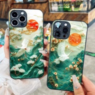 Glass case Relief painting of flying white crane & sun 3D ink painting for iPhone 17 16 15 14 13 12 