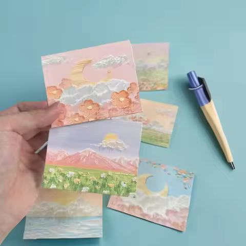 50 pcs Landscape oil painting greeting card, creative Instagram style art card, three fold Christmas