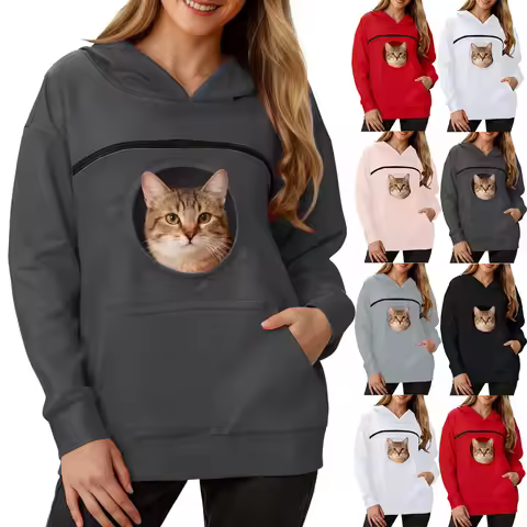 Women's Hoodies With Pet Bag Solid Color Hooded Pullovers Pet Cat & Dog Pocket Holder Tops Casual Sp