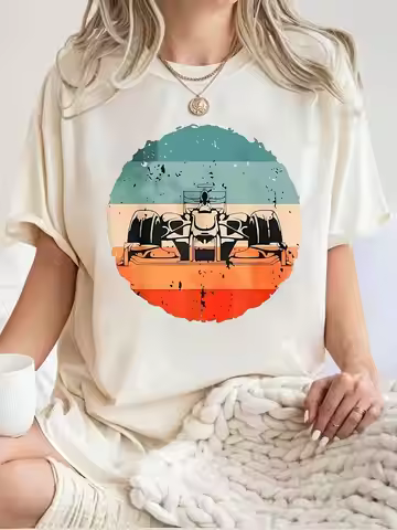 Plus Size Women's Short Sleeve T-Shirt Retro Sunset Plane Scene Design Everyday comfortable and vers