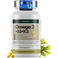 Omega 3 + D3 & K2 120 Kapsul 1100mg Minyak Alga dengan 600mg DHA & 300mg EPA + 1000 IU D3 + 40 µg K2