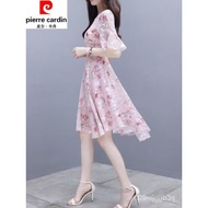 【Ensure quality】Pierre Cardin（pierre cardin）Women's Silk Dress Summer New Hong Kong Style Elegant Slim-Fit Printed High-