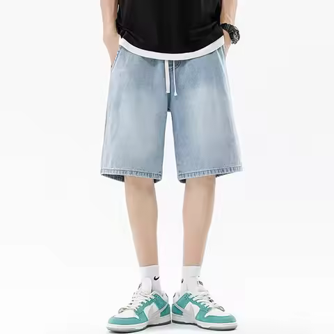 Men Casual Denim Shorts Male Comfortable Elastic Waist Straight Leg New Soft Short Pants Light Blue 