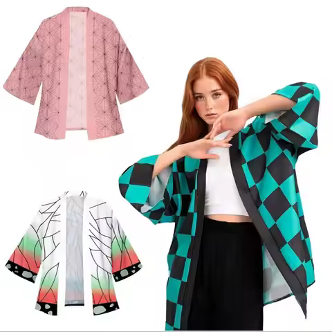 Men's Anime Japanese Samurai Tanjirou Kamado Green Black Chiffon Kimono Haori Cardigan Zenitsu Agats