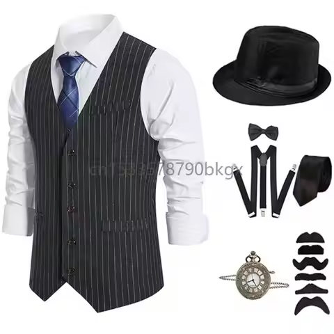 20s Men's Costume Accessories,1920s Men Mafia Costume Set,with Vests & Various Accessories for Hallo