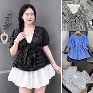 Set Women's Big Size Striped Shirt with Bow with Protective Skirt - SET(A360+CV413)