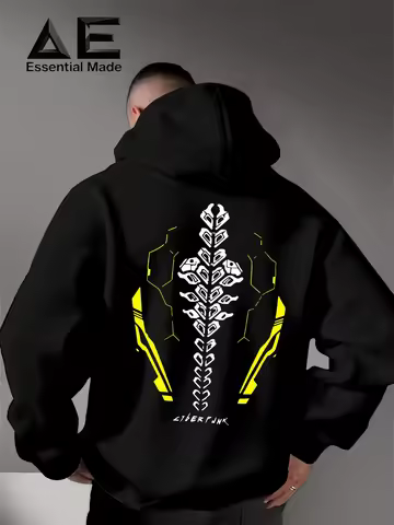 Men’s Abstract Alien Skeleton Hoodie Cyber Tech Geometric Graphic Front Back Print Fleece Pullover S