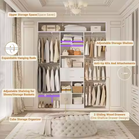 Closet Organizer System with Wooden Drawers, 60 Inches Walk In Closet System With 5 Hanging Rods, Ca