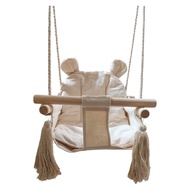 Baby Swing with Solid Wood Bar Canvas Baby Swing, Wooden Hanging Swing Seat Chair with Safety Belt, 