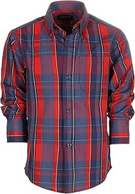 Big Boys Long Sleeve Button Down Plaid Checked, Red/Navy/Yellow Highlight Shirt, Size 14