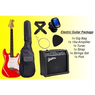 Fender Style Electric Guitar (Red) Package with Strap, String Set, Tuner, Pick, 15W Amplifier