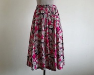 復古風棕粉色系碎花純棉打褶傘狀中長裙 高腰 A 字裙 顯瘦 S