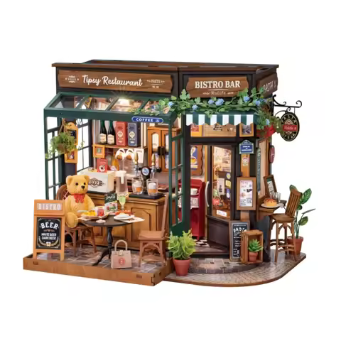 Robotime Rolife DIY Miniature House Kit Tipsy Restaurant Desk Bookshelf Decoration for Adults Gift I