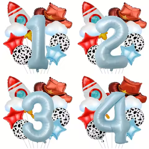 9Pcs Cloud Rocket Cowboy Hat Balloons Set Numbers 1-9 for Birthday Western Party Baby Shower Christe
