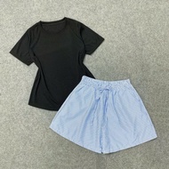 Set Đồ Bộ Bigsize Nữ Áo Thun Ôm Baby Tee Phối Quần Đùi Kẻ Sọc Cạp Chun (G244-Q537)