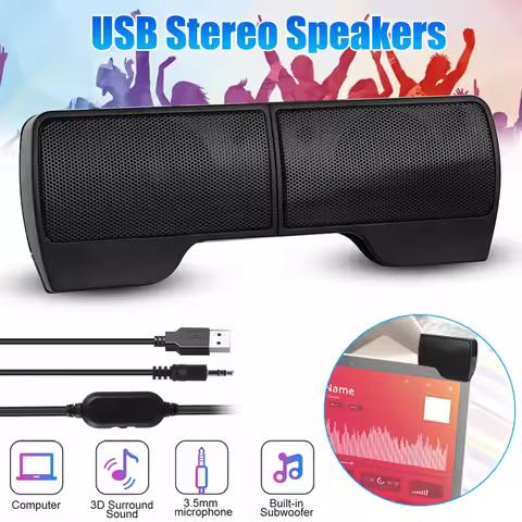 Clip On USB Wired Stereo Speaker for Laptop PC Desktop Tablet Mini Soundbar with Line Controller