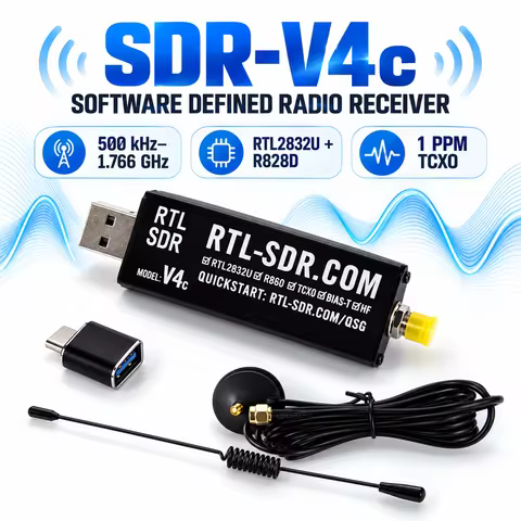 SDR V4c Software Defined Radio Receiver, 500 kHz to 1.766 GHz, R828D Tuner, 1 PPM TCXO, Bias Tee, US