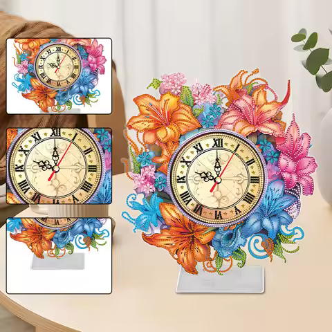 Lily Design 2D Flat Acrylic 5D Diamond Art Clock Diamond Art Tabletop Clock for Home Office Kitchen 